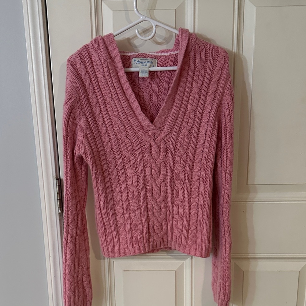 American Eagle Outfitters Pink V-Neck Cable Sweater